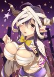  antenna_hair areolae bandages black_gloves black_hair blush bow breasts cape comic cross danua draph eyebrows_visible_through_hair fingerless_gloves gloves gradient gradient_background granblue_fantasy hair_between_eyes halloween horn_ornament horns large_breasts long_hair navel ookanehira open_mouth pointy_ears red_eyes silent_comic single_glove solo upper_body very_long_hair white_cape yellow_bow 