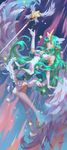  1girl alternate_costume alternate_eye_color alternate_hair_color alternate_hairstyle fluffy_ears gloves green_hair horn league_of_legends long_hair solo soraka star_guardian_soraka thighhighs very_long_hair white_gloves white_legwear white_wings wings 