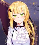  alternate_costume artist_name asymmetrical_hair bangs bat_hair_ornament blonde_hair blunt_bangs blush braid cape collar cravat dress_shirt fang fang_out french_braid frown girls_frontline green_eyes hair_ornament hairclip halloween kuki_panda_(wkdwnsgk13) long_sleeves looking_at_viewer shirt signature solo vampire vampire_costume welrod_mk2_(girls_frontline) 