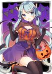  absurdres animal_ears cat_ears cat_tail claw_pose commentary_request dress elbow_gloves gloves green_eyes green_hair halloween_costume highres jack-o'-lantern long_hair open_mouth original shiino_sera tail thighhighs 