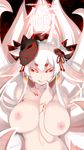  :q animal_ears between_breasts black_sclera blush breasts fingernails fox_ears fox_mask fox_tail glowing glowing_eyes hair_ornament hand_between_breasts highres large_breasts long_hair looking_at_viewer mask multiple_tails nipples original red_eyes shiki_(psychedelic_g2) smile solo tail tattoo tongue tongue_out topless white_background 