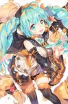  ahoge aqua_eyes aqua_hair breasts commentary detached_sleeves halloween hatsune_miku large_breasts long_hair looking_at_viewer nail_polish necktie open_mouth pingo pumpkin solo striped striped_legwear thighhighs twintails very_long_hair vocaloid 