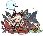  ahoge azur_lane bolt chibi commentary_request erebus_(azur_lane) hair_over_one_eye halloween hat holding itsuki_tasuku jack-o'-lantern long_hair machinery multiple_girls polearm red_eyes short_hair silver_hair terror_(azur_lane) turret weapon 