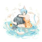  animal_ears barefoot blue_eyes blue_hair blush breast_press breasts cat_ears cat_tail floral_print hair_between_eyes hair_ribbon looking_at_viewer medium_breasts naked_towel official_art orange_towel ribbon short_hair_with_long_locks sideboob sidelocks sinon sinon_(sao-alo) sitting smile solo steam sword_art_online sword_art_online:_code_register tail towel transparent_background water white_ribbon 