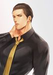  ahoge bad_id bad_pixiv_id black_eyes black_hair brown_hair dress_shirt hair_slicked_back hand_on_own_neck jacket jacket_removed male_focus matsu_(bandan) mine_yoshitaka necktie ryuu_ga_gotoku ryuu_ga_gotoku_3 shirt solo yellow_neckwear 