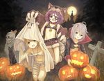  :d ahoge bandaged_leg bandages bell belt bionekojita black_bra black_cat blonde_hair bra cape cat claws commentary_request eyepatch flat_chest food_themed_hair_ornament full_moon ghost_costume gloves hair_ornament halloween halloween_costume hayasaka_mirei hoshi_shouko idolmaster idolmaster_cinderella_girls jack-o'-lantern jewelry kneeling moon morikubo_nono multiple_girls mushroom_hair_ornament naked_bandage night night_sky open_mouth outdoors paw_gloves paws pendant purple_hair short_shorts shorts silver_hair skull sky smile tears underwear 