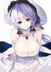  absurdres amamitsu_kousuke azur_lane bad_id bad_twitter_id bangs bare_shoulders black_ribbon blue_eyes blunt_bangs breasts cleavage closed_mouth contrapposto dress elbow_gloves gloves hair_ribbon hat head_tilt highres illustrious_(azur_lane) jewelry large_breasts leaning_forward long_hair looking_at_viewer pendant ribbon see-through silver_hair simple_background skirt_hold smile solo standing sun_hat upper_body very_long_hair white_background white_dress white_gloves white_hat 
