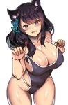  animal_ears azur_lane bangs bare_arms black_hair breasts butterfly_hair_ornament cleavage cowboy_shot fusou_(azur_lane) hair_ornament hair_over_shoulder kyougoku_shin large_breasts leaning_forward long_hair looking_at_viewer one-piece_swimsuit silver_eyes simple_background smile solo swimsuit swimsuit_pull thighs white_background 