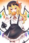  alternate_costume blonde_hair bow candy flandre_scarlet food frills hat hat_bow highres laevatein lollipop mob_cap puffy_short_sleeves puffy_sleeves red_eyes short_sleeves side_ponytail smile solo soooooook2 touhou wings wrist_cuffs 