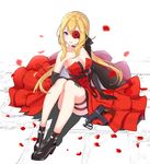  :d absurdres ankle_boots black_gloves blonde_hair blue_eyes boots breasts choker cleavage collarbone commentary dress elbow_gloves eyepatch flower flush girls_frontline gloves gun hair_between_eyes hand_on_own_knee high_heel_boots high_heels highres layered_dress legs_together long_hair looking_at_viewer low_twintails medium_breasts open_mouth panties petals rose rose_petals sidelocks sitting skorpion_vz._61 smile solo ssogari submachine_gun thigh_strap twintails underwear vz.61_(girls_frontline) weapon white_panties 