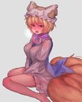  bangs bare_legs barefoot between_breasts blonde_hair blush breasts commentary_request fox_tail grey_background hat heavy_breathing highres looking_at_viewer masanaga_(tsukasa) medium_breasts ofuda pillow_hat short_hair simple_background sitting sketch solo sweat tabard tail tassel tongue tongue_out touhou wariza white_background white_hat yakumo_ran 