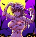  arms_up backlighting bandages bangs bare_tree bat blood bloody_bandages blush braid breasts cleavage closed_mouth collarbone commentary_request dated eyebrows_visible_through_hair fate/grand_order fate_(series) florence_nightingale_(fate/grand_order) full_moon halloween holding large_breasts long_hair looking_at_viewer moon mori_marimo naked_bandage navel pink_hair pumpkin purple_sky red_eyes signature single_braid skindentation smile solo stomach tree tsurime twitter_username underboob upper_body 