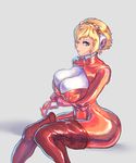  1girl aegis_(persona) blonde_hair blue_eyes bodysuit breast_support breasts cleavage cleavage_cutout cutesexyrobutts huge_breasts large_ass long_hair persona persona_3 persona_5 red_bodysuit red_clothes robot robot_girl shiny shiny_clothes short_hair sitting solo stockings takamaki_anne takamaki_anne_(cosplay) 