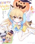  :&lt; animal_ears arms_up bag blonde_hair blue_shirt blush brown_eyes candy closed_eyes commentary_request ezo_red_fox_(kemono_friends) food fox_ears fox_tail from_above halloween hands_on_headwear hat hug jack-o'-lantern kemono_friends kindergarten_uniform long_hair looking_up mary_janes multiple_girls pantyhose petting shirt shoes silver_fox_(kemono_friends) silver_hair sitting skirt so_moe_i'm_gonna_die! socks tail takahashi_tetsuya translation_request white_legwear white_skirt witch_hat younger 