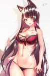  absurdres akagi_(azur_lane) animal_ears azur_lane bad_id bad_twitter_id bangs black_hair black_panties bra breasts cleavage collarbone cowboy_shot fox_ears highres kitsune large_breasts long_hair looking_at_viewer multiple_tails navel open_mouth panties panty_pull purple_bra red_eyes sakiryo_kanna signature silhouette smile solo tail underwear very_long_hair white_background 