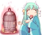  :d ^_^ ^o^ blush_stickers closed_eyes commentary_request dragon_horns fate/grand_order fate_(series) fire gaki_deka green_hair hair_ornament highres horns japanese_clothes kanon_(kurogane_knights) kiyohime_(fate/grand_order) long_hair looking_at_viewer open_mouth parody pointing shrine_bell sketch smile solo style_parody translated yuyushiki 