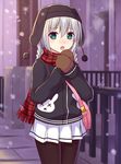  bag black_legwear blurry braid commentary_request depth_of_field gloves green_eyes handbag hat jacket long_hair looking_at_viewer low_twintails mittens original pantyhose revision scarf silver_hair snowing solo steam tsukino_neru twin_braids twintails visible_air 