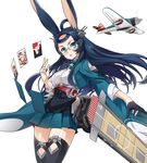  aircraft airplane animal_ears azur_lane black_hair blue_eyes bunny_ears card commentary_request flight_deck glasses highres long_hair looking_at_viewer machinery nyoro_(nyoronyoro000) pleated_skirt skirt solo souryuu_(azur_lane) thighhighs zettai_ryouiki 