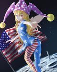  american_flag american_flag_dress american_flag_legwear ass blonde_hair clownpiece dress eyebrows_visible_through_hair fairy_wings flag flat_ass foreshortening grin hat highres jester_cap long_hair looking_at_viewer moon neck_ruff pantyhose pointy_ears polka_dot purple_hat reaching red_eyes roke_(taikodon) short_dress smile solo space star star_print striped striped_legwear touhou wings 