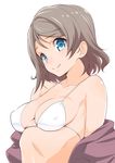  bare_shoulders bikini_top blue_eyes breasts brown_hair cleavage collarbone covered_nipples highres kurihara_kenshirou love_live! love_live!_sunshine!! off_shoulder short_hair simple_background small_breasts smile solo upper_body watanabe_you white_background white_bikini_top 