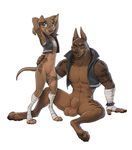  adam_wan age_difference animal_genitalia anthro armwear balls bottomless canine claws clothed clothing cute cynthia_(zaush) digitigrade doberman dog female flat_chested jacket looking_at_viewer male mammal mostly_nude muscular penis sheath simple_background size_difference tattoo toe_claws white_background young 