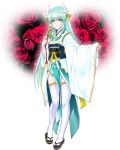  1girl bangs boshi_(a-ieba) closed_fan detached_sleeves fan fate/grand_order fate_(series) folding_fan full_body green_hair green_kimono hair_ornament holding holding_fan horns japanese_clothes kimono kiyohime_(fate/grand_order) long_hair long_sleeves looking_at_viewer obi print_sleeves sash shiny shiny_hair side_slit smile solo standing thighhighs very_long_hair white_background white_sleeves wide_sleeves yellow_eyes 