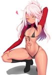  arm_up armpits bikini black_bikini black_footwear boots chloe_von_einzbern closed_mouth covered_nipples damao_yu dark_skin eyebrows_visible_through_hair fate/kaleid_liner_prisma_illya fate_(series) flat_chest front-tie_bikini front-tie_top hair_ornament hairpin hand_on_own_leg heart highleg highleg_bikini highres long_hair looking_at_viewer navel one_eye_closed pink_hair revision shadow simple_background smile solo squatting stomach_tattoo swimsuit tattoo white_background yellow_eyes 