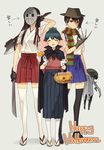  a_nightmare_on_elm_street akagi_(kantai_collection) black_legwear brown_eyes brown_hair claws commentary_request cosplay freddy_krueger freddy_krueger_(cosplay) friday_the_13th gloves hakama hakama_skirt halloween happy_halloween hat hockey_mask houshou_(kantai_collection) japanese_clothes jason_voorhees jason_voorhees_(cosplay) kaga_(kantai_collection) kantai_collection long_hair mask multiple_girls pantyhose partly_fingerless_gloves ponytail side_ponytail smile striped thighhighs translated trick_or_treat weapon white_legwear wo-class_aircraft_carrier yamashiki_(orca_buteo) 