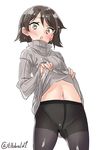  alternate_costume ass_visible_through_thighs bad_id bad_twitter_id bangs black_legwear blush brown_eyes brown_hair cameltoe clothes_lift cowboy_shot crotch_seam ebifurya eyebrows_visible_through_hair grey_sweater groin highres inactive_account kantai_collection lifted_by_self looking_at_viewer navel no_panties no_pants open_mouth pantyhose short_hair simple_background solo sweater sweater_lift tanikaze_(kantai_collection) turtleneck turtleneck_sweater twitter_username white_background 