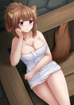  1girl :t animal_ears bangs blush breasts brown_hair chest_tattoo cleavage_cutout closed_mouth collarbone eyebrows_visible_through_hair highres kazenokaze large_breasts long_hair naked_towel ponytail pout raccoon_ears raccoon_girl raccoon_tail raphtalia red_eyes sitting solo tail tate_no_yuusha_no_nariagari tattoo towel wet white_towel 