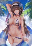  arm_up armpits bangs bikini black_hair blush breasts choker cleavage closed_mouth cowboy_shot day eyebrows_visible_through_hair flower girls_frontline hair_flower hair_ornament hairband innertube large_breasts long_hair looking_at_viewer micro_bikini navel oni-noboru outdoors palm_tree qbz-95_(girls_frontline) smile solo swimsuit thighhighs thighs tree white_bikini white_legwear yellow_eyes 