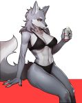  alcohol beer beverage black_underwear bra breasts butt canid canine canis chest_tuft clothing female fluffy fluffy_tail fur grey_fur holding_object mammal navel panties pgm300 sitting solo tuft underwear wolf yellow_eyes 