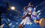  absurdres bare_tree bat bird blue_eyes blue_hair blue_shrimp bow broom broom_riding cloud date_a_live frilled_skirt frills hat hat_bow highres jack-o'-lantern long_hair long_sleeves looking_at_viewer moon night night_sky owl red_neckwear sidesaddle skirt sky stuffed_animal stuffed_bunny stuffed_toy tree wand white_legwear wide_sleeves witch_hat yoshino_(date_a_live) yoshinon 