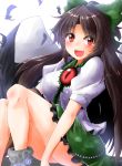  1girl :d arm_cannon ass bangs bare_legs black_hair black_wings blush bow breasts cape commentary_request eyebrows_visible_through_hair feathered_wings feathers frilled_shirt_collar frills green_bow green_skirt grey_footwear hair_bow half_updo highres knees_up large_breasts long_hair looking_at_viewer miniskirt open_mouth oshiaki petticoat puffy_short_sleeves puffy_sleeves red_eyes reiuji_utsuho short_sleeves simple_background sitting skirt smile solo thighs touhou very_long_hair weapon white_background white_cape wings 