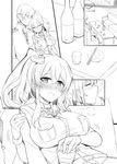  1girl admiral_(kantai_collection) alcohol beer bottle breasts comic cup dress drinking_glass drunk greyscale hair_ornament hat highres kantai_collection large_breasts long_hair long_sleeves military military_hat military_uniform monochrome naval_uniform neckerchief peaked_cap rui_shi_(rayze_ray) sake_bottle saratoga_(kantai_collection) short_sleeves side_ponytail silent_comic sitting table uniform 