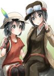  2girls artist_request belt black_hair blush feather gloves goggles green_eyes hat jacket kaban_(kemono_friends) kemono_friends kino kino_no_tabi multiple_girls pants pantyhose shirt short_hair shorts sitting smile suit tomboy 