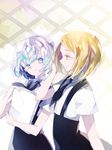  adjusting_hair androgynous blonde_hair captain_yue colored_eyelashes crystal_hair diamond_(houseki_no_kuni) dress eyebrows_visible_through_hair gem_uniform_(houseki_no_kuni) hair_between_eyes highres houseki_no_kuni looking_at_another multicolored multicolored_eyes multicolored_hair multiple_others necktie paper shiny shiny_hair short_eyebrows shorts smile suspender_shorts suspenders yellow_diamond_(houseki_no_kuni) yellow_eyes 