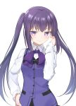  1girl absurdres blush floating_hair gochuumon_wa_usagi_desu_ka? hand_on_hip highres ise_dango long_hair long_sleeves purple_eyes purple_hair purple_neckwear rabbit_house_uniform shiny shiny_hair shirt simple_background solo standing tedeza_rize twintails upper_body very_long_hair white_background white_shirt 