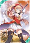  akkijin blue_eyes breasts brown_hair card_(medium) feathers field frilled_skirt frills hair_ribbon lance looking_at_viewer medium_breasts official_art orange_sky polearm ponytail red_ribbon ribbon shinkai_no_valkyrie skirt sky smile solo sword thighhighs trident v weapon 