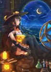  absurdres book bow braid breasts brown_eyes brown_hair capelet chinchongcha cleavage crescent_moon elbow_gloves flask gloves hair_bow hat highres indoors jack-o'-lantern lamp long_hair looking_away medium_breasts moon night night_sky original sitting sky solo star_(sky) starry_sky test_tube thighhighs window witch_hat 