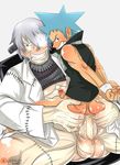  2boys age_difference anal ass_juice black_star bottomless dr_franken_stein evil_grin large_penis lifting multiple_boys penetration restrained sex size_difference soul_eater spreading yaoi 
