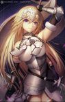  arm_up armor armored_dress armpits bare_shoulders blonde_hair blue_eyes braid breastplate breasts commentary_request detached_sleeves dress fate/apocrypha fate/grand_order fate_(series) faulds gauntlets hair_between_eyes headpiece hisahisahisahisa jeanne_d'arc_(fate) jeanne_d'arc_(fate)_(all) large_breasts long_hair purple_eyes revision serious single_braid solo sword thighhighs weapon 