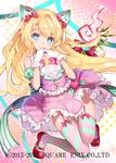  animal_ears bad_id bad_pixiv_id bangs blonde_hair blue_eyes bow bowtie closed_mouth eyebrows_visible_through_hair frilled_skirt frills garter_straps gloves hair_bow hand_to_own_mouth high-waist_skirt kaku-san-sei_million_arthur long_hair looking_at_viewer mary_janes million_arthur_(series) official_art pink_skirt red_bow shirt shoes skirt smile solo star striped striped_legwear thighhighs vest watermark white_gloves white_shirt yuuki_kira 