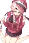  alluring_chief_warden_look bangs bare_legs black_skirt blush brown_eyes commentary_request eyebrows_visible_through_hair fate/grand_order fate_(series) from_above hands_up hat highres holding holding_whip ichijou_(kr_neru0) jacket looking_at_viewer medb_(fate)_(all) medb_(fate/grand_order) miniskirt open_mouth peaked_cap pink_hair sidelocks simple_background sitting skirt solo tied_hair tsurime uniform wariza whip white_background 