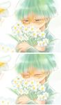  bouquet bowl_cut closed_eyes facing_viewer flower glasses green_eyes green_hair insector_haga male_focus mochidhuki short_hair solo upper_body yellow-framed_eyewear yuu-gi-ou 