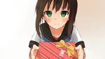  bangs blue_neckwear blush bow box brown_hair closed_mouth commentary_request fubuki_(kantai_collection) gift gift_box gradient gradient_background green_eyes grey_background highres holding holding_gift incoming_gift kantai_collection looking_at_viewer myuto_(advent_retribution) neckerchief orange_bow remodel_(kantai_collection) sailor_collar shirt short_sleeves smile solo tareme upper_body valentine white_shirt 