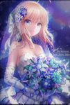  ahoge artoria_pendragon_(all) bad_id bad_pixiv_id bare_shoulders blonde_hair blue_eyes blush bouquet breasts bridal_veil bride commentary_request dress elbow_gloves fate/stay_night fate_(series) flower gloves hisahisahisahisa medium_breasts revision ribbon saber solo veil wedding_dress white_gloves 