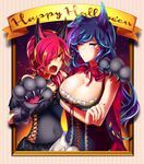  ahri animal_ears bare_shoulders black_hair blush breasts cleavage facial_mark fox_ears halloween highres large_breasts league_of_legends long_hair looking_at_viewer low_neckline mugimaro35 multiple_girls nail_polish night night_sky o3o one_eye_closed parted_lips paws pink_hair red_hair sky slit_pupils whisker_markings xayah yellow_eyes 