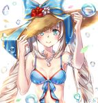  adjusting_clothes adjusting_hat armlet armpits bangs bare_arms bare_shoulders bikini_top blue_bikini_top blue_bow blue_eyes blue_ribbon bow breasts brown_hat bubble cleavage closed_mouth commentary_request fate/grand_order fate_(series) flower front-tie_bikini front-tie_top hakuda_tofu hands_on_headwear hands_up hat hat_bow hibiscus highres jewelry lips long_hair looking_at_viewer marie_antoinette_(fate/grand_order) medium_breasts necklace pearl_necklace ribbon silver_hair simple_background smile solo striped striped_bow sun_hat tareme twintails upper_body very_long_hair white_background 