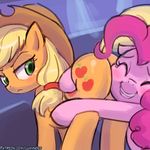  2017 abstract_background applejack_(mlp) blonde_hair blush butt cowboy_hat cutie_mark duo earth_pony equine eyes_closed female feral freckles friendship_is_magic frown green_eyes hair hat horse hug looking_back lumineko mammal my_little_pony pink_hair pinkie_pie_(mlp) pony smile 